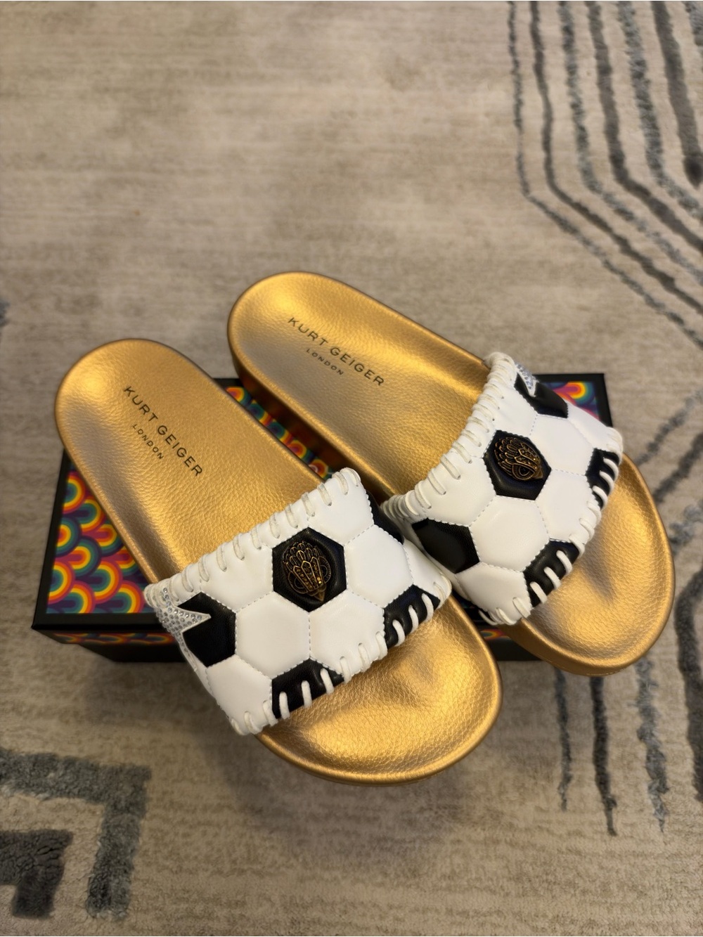 NEW Kurt Geiger Gold, White & Black Soccer-Pattern Slide Sandals